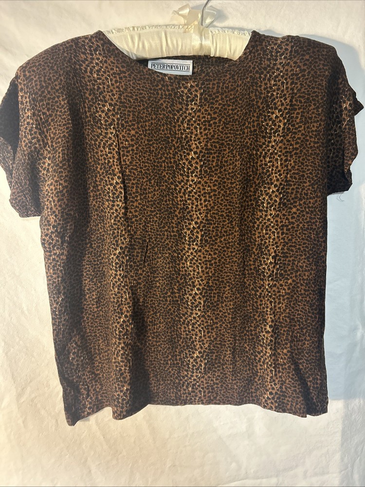 Vintage Peter Popovitch Short Sleeve Blouse Animal Print Ruched Shoulder Pads