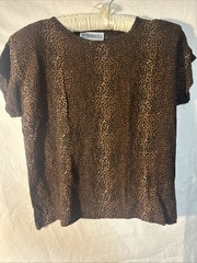 Vintage Peter Popovitch Short Sleeve Blouse Animal Print Ruched Shoulder Pads