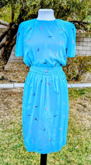 1980s VTG Petites for Maggy Sz4p Aqua Memphis Geometric Midi Korea Dress GUC