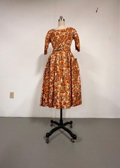 Vintage 50’s Suzy Perette Dress | Copper Floral Silk Print | Self Belt | 25” W