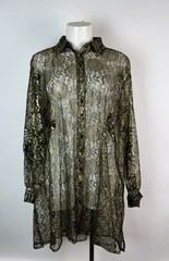 VTG 80s OVERSIZED I. MAGNIN gold black sheer long sleeve blouse top 2 USA