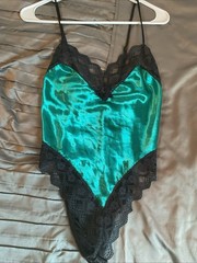 Vintage Lady Cameo Dallas Teddy One Piece Satin Green Lace Trim Sz Small