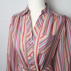 Vintage 80s Schrader Sport muted pink orange striped midi shirt dress 8P