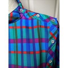 Vintage Liz Claiborne Plaid Blouse Teal Purple Green Red Button Side Panel Sz 8