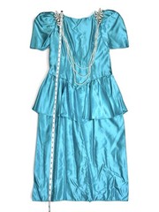 VNTG 80s Alfred Angelo Blue Satin Gown Dress Puff Sleeves Appliqués Faux Pearl