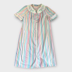 Coffee Time Vintage Seersucker House Dress Pastel Striped Floral Collar Small