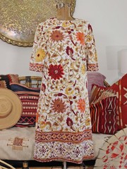 VTG 1960s Indian Block Printed Cotton Tapestry Short Sleeve Shift Dress