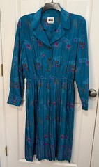 80s Vintage Leslie Fay Pleated Secretary Dress Teal Paisley Belted Size 16