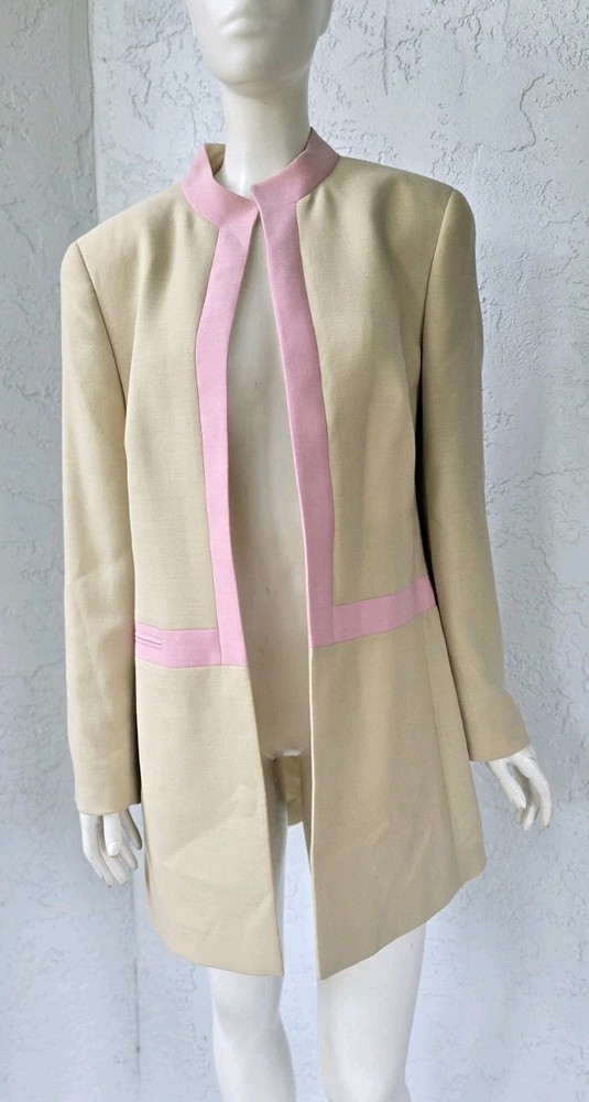 LOUIS FERAUD MID LENGTH WOOL OPEN BLAZER MANDARIN COLLAR TAN PINK WOMEN’S 10