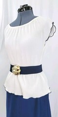 Vintage White & Navy Blue Dress w Ruffled Waist/Peplum & Belt Size XS/S?