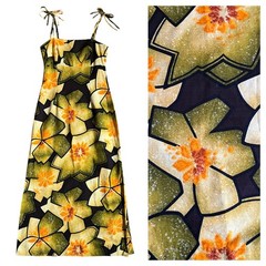 VTG 60s 70s Hawaiian Barkcloth Maxi Dress floral yellow Shoulder tie Sleeveless