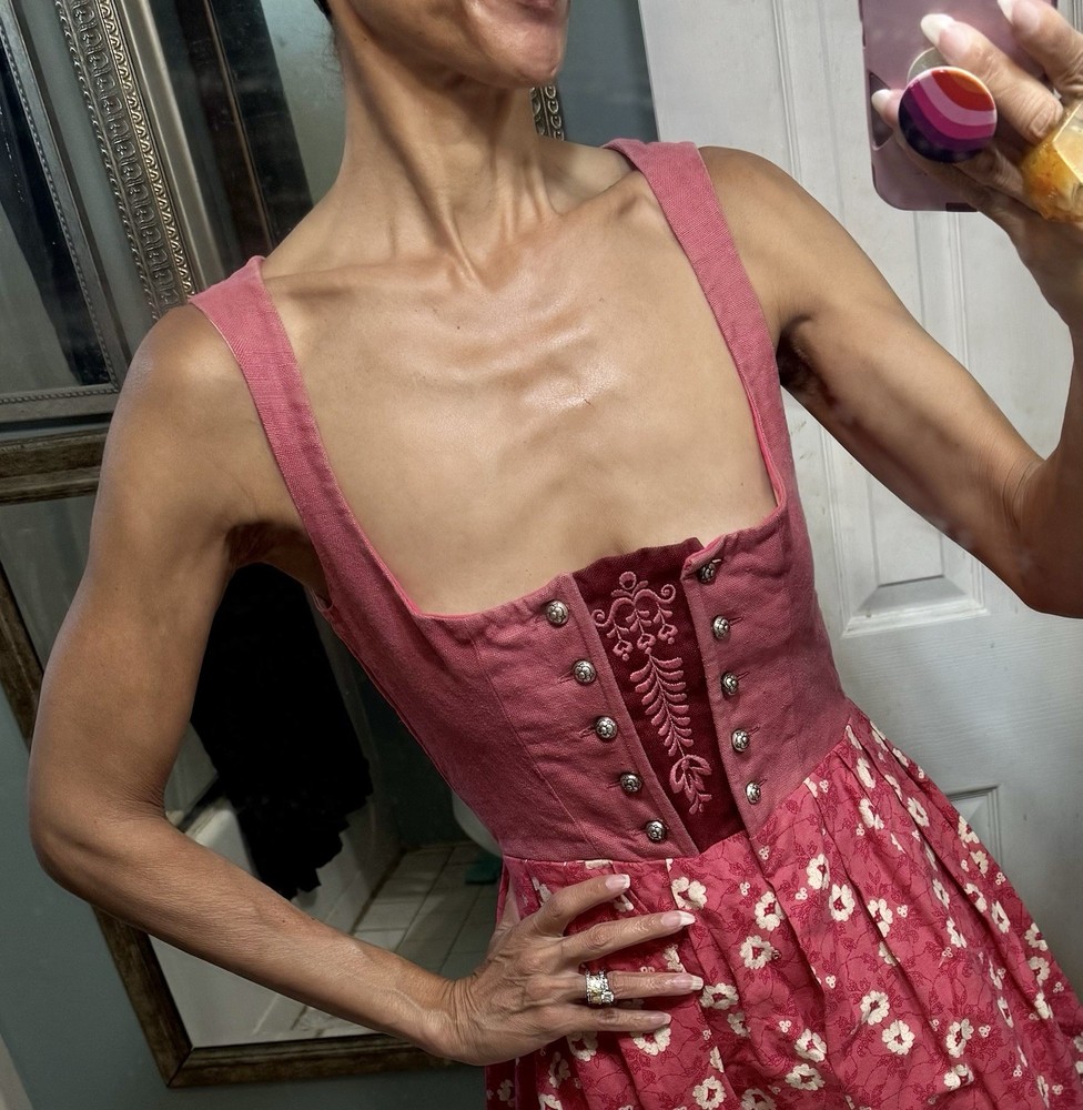 VTG Kibek Dirndl Sportalm Austria Pink Dress Corset Floral Embroidery Metal XS S