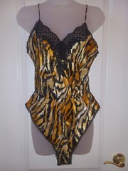 Vintage 80s Lucie Ann Tiger Gold Lurex Snap Crotch Sheer Teddy Lingerie S