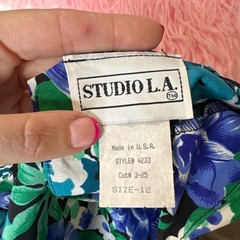 90s Vintage Floral Prairie Midi Dress Blue Green Pleated Skirt USA Made Large 12