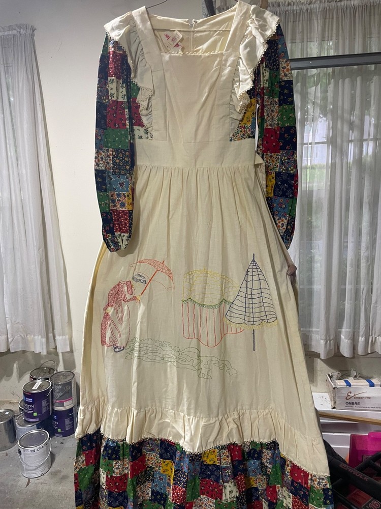 Vintage 1970s Vicky Vaughn Patchwork Umbrella Embroidered Apron Maxi Dress