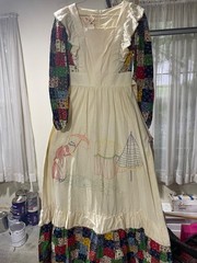 Vintage 1970s Vicky Vaughn Patchwork Umbrella Embroidered Apron Maxi Dress