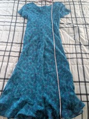 David Warren Petite Silk Floral Midi Dress Teal Purple Cutout Back Size 6P