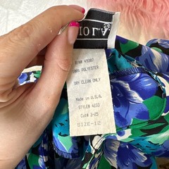 90s Vintage Floral Prairie Midi Dress Blue Green Pleated Skirt USA Made Large 12