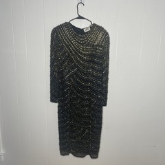Vintage 80s Niteline Dress Black Gold All Over Beaded 100% Silk 12 Mob Wife Glam