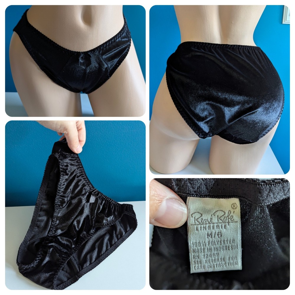 Vtg 90s Black Crushed Velvet Bikini Panties Sz M/6 Rene Rofe Underwear Vintage