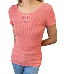 CHANEL Vintage 09P CC Logo Rib Knit T-shirt Top #36 Salmon Pink Cotton 901988