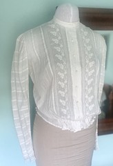 Antique Ivory Sheer Cotton Blouse Floral Embroidery & Pintucking