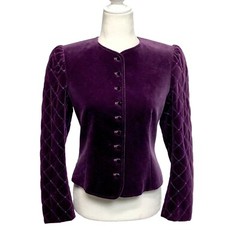Royal Purple Velvet Blazer Blouse Quilted Sleeves Jewel Buttons Jaeger UK 8 US 4