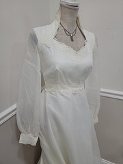 VTG’70s JCPENNEY Off White Organza/Prairie Pioneer Wedding Dress/Long Sleeve