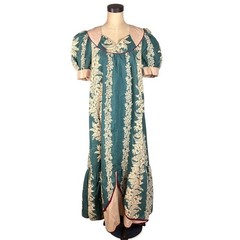 Vintage Carol Bennett Hawaii Muumuu Dress Teal Floral Puff Sleeve Maxi Large