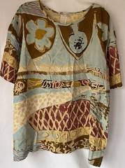 Melrose Vintage Top USA Blue Gold Art Sz 16 XL Boho Short Sleeve