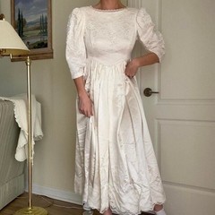 Vintage Handmade White Lace Basque Waist Gown with Puffy Sleeves