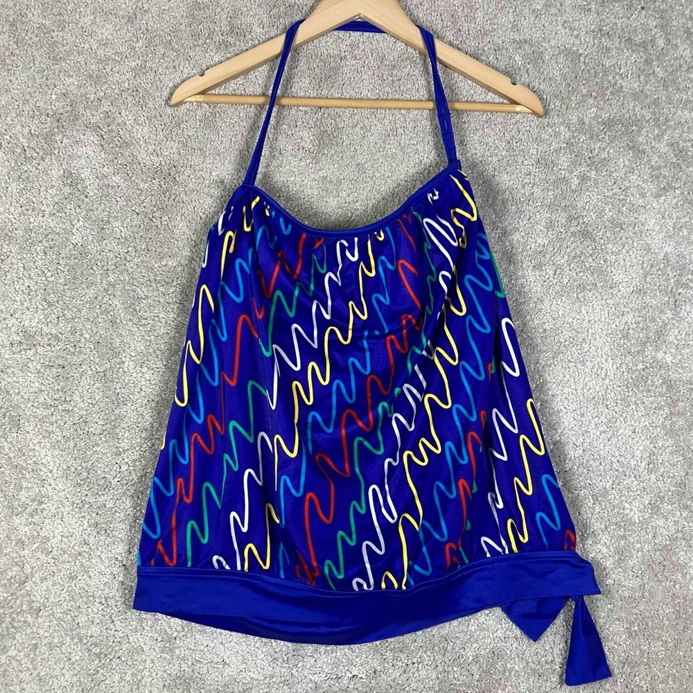 Vintage 80s Rose Marie Reid Abstract Squiggle Tankini Swim Top Blue Size 12