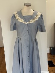 Laura Ashley Vintage Blue linen cotton lace collar dress Sz US 12 Excellent!