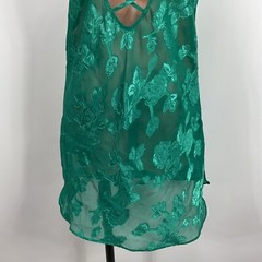 California Dynasty Green Embroidered Negligee Vintage Sexy Satin Gown Sz L Jade