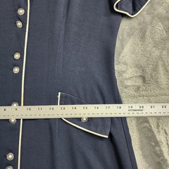 Vintage K Petite Dress Women 12P Blue White Piping Trim Maxi Button Front Modest