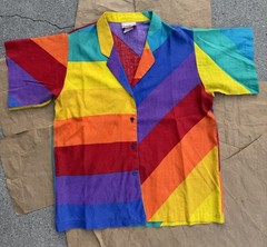 Vtg Langtry Rainbow Pride Button Short Sleeve Shirt Womens S Made In USA Tag 7/8