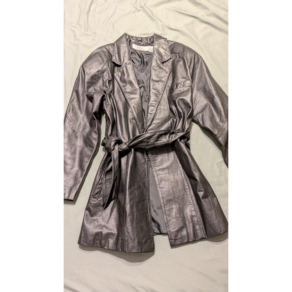 Avon Fashions Black Leather Trench Coat Vintage Belted Jacket F5133X Womens SM