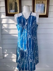 Vintage 1970s Bamboo Print Blue House Dress Eyelet Lace XL