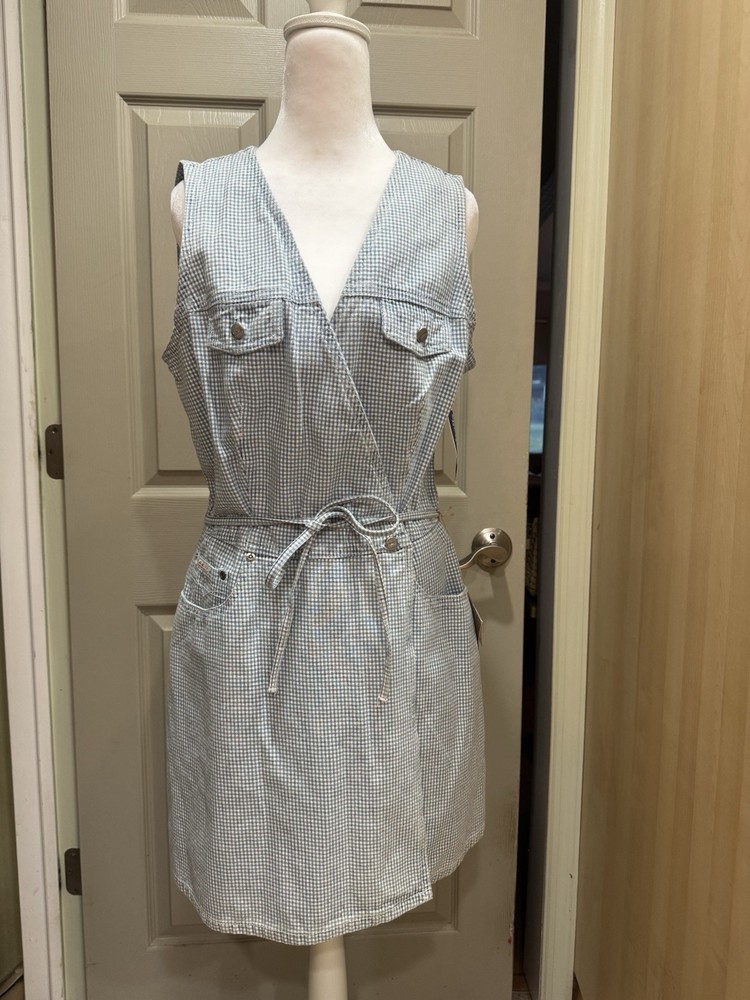 Z. CAVARICCI Vintage Checkered Denim Wrap Dress 100% Cotton Sz 12 NWT! Made USA