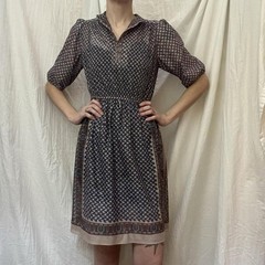 Vintage 70s Tan, Blue, Pink Sheer Midi Dress By Taurus II Cottage Peasant XS/S