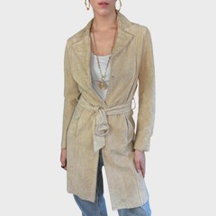 Vintage Y2K Cream Suede Leather Belted Trench Coat size US4/6; EU 36/38