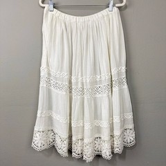 Vintage Handmade Lace Midi Skirt Womens L Ivory Crochet Tiered Prairie Bohemian