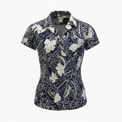 VTG Erika Hawaiian Camp Shirt W Navy Blue Tropical Floral Cotton Rayon Blend