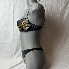 Vtg 90s Fredericks of Hollywood Leopard Faux Leather Bra Thong Set Sz 32B L