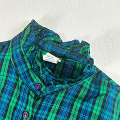 Vintage JCPenney Fashions Plaid Blouse Green Blue Ruffle Neck ILGWU USA 13/14