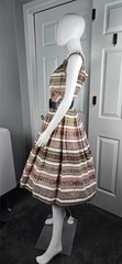 Vintage 50’s Toni Todd Full Swing Dress Floral Gold Bows Chevron Stripe EUC