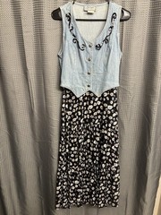 d. frank 1990s Denim Vest Floral Maxi Dress Blue Bohemian Size 6