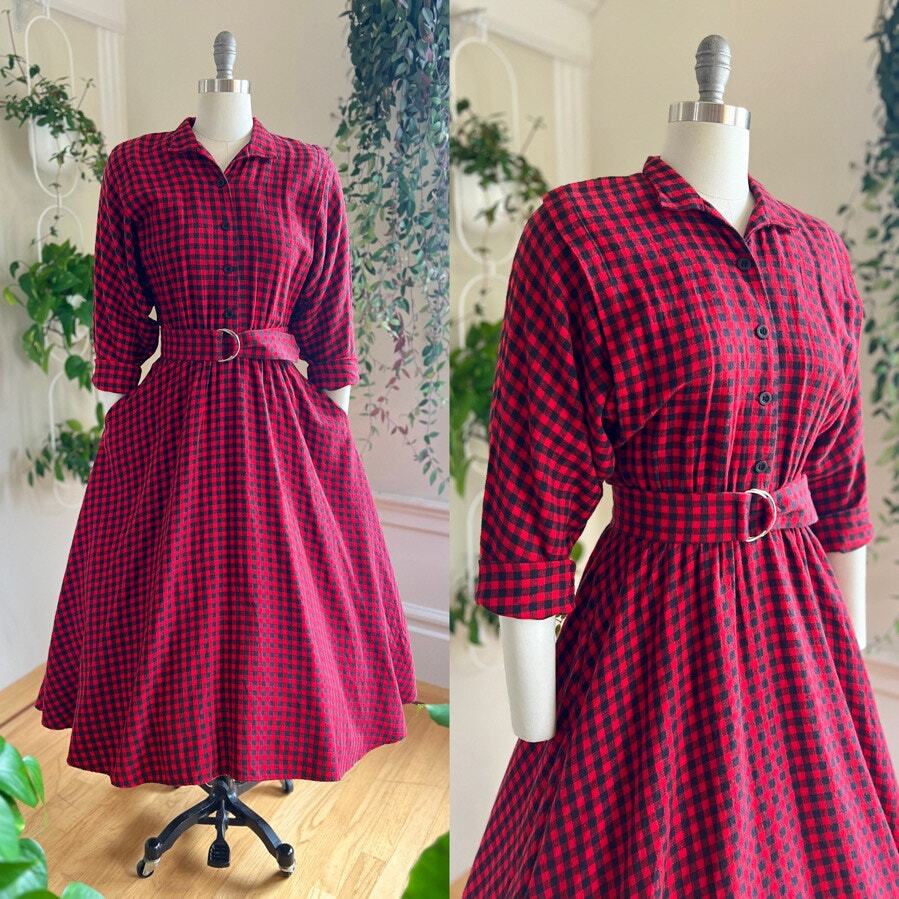 Vintage 1990s 90s Plaid Flannel Tartan Checkered Shirt Dress Midi Winter