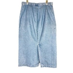 VTG Riders by Lee 16 Flat Front Blue Denim Midi Calf Skirt Back Slit Pockets Zip