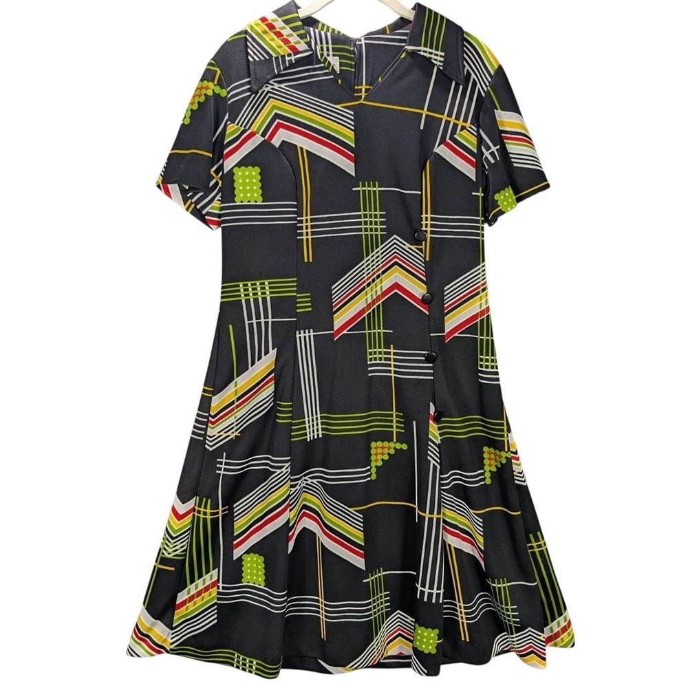 Vtg Cedar Glen Dress Womens 14 1/2 Black Geometric Short Sleeve Knee Length Zip